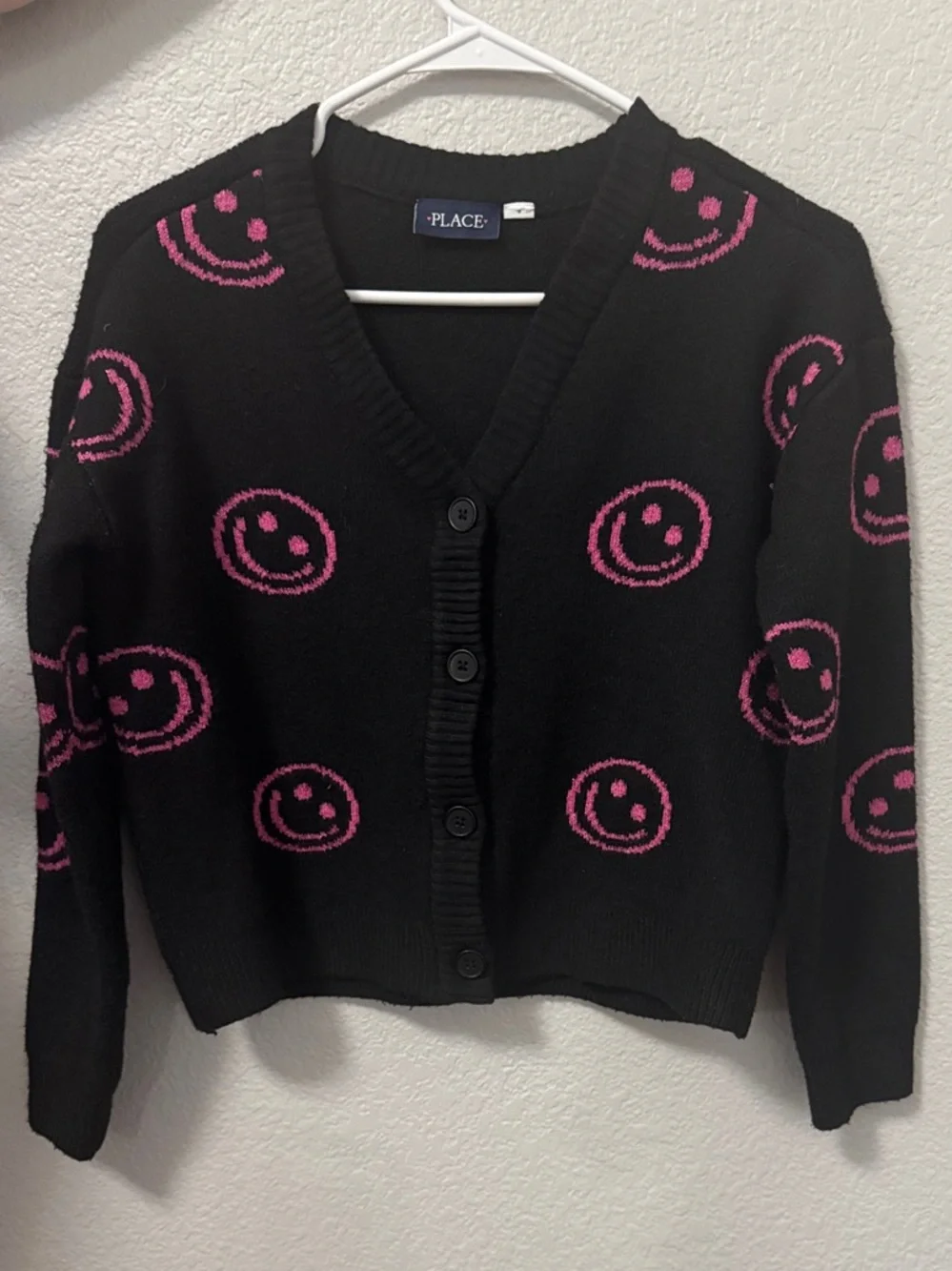 Girl’s Black Cardigan with Pink Smile Motif